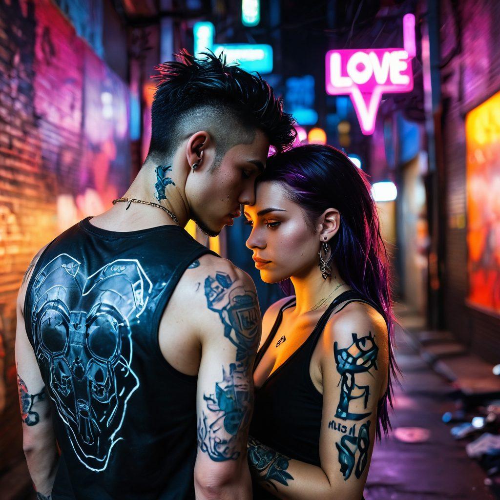 A gritty urban setting at dusk, showcasing a tough-looking couple embracing under neon lights, symbolizing love amidst adversity. The background features graffiti art reflecting themes of loyalty and affection, with subtle heart shapes intertwined in the designs. The couple’s tattoos hint at their tough past but exude tenderness through their expressions. The overall mood combines romance with a raw edge, emphasizing the contrast between love and a rough lifestyle. vibrant colors. cyberpunk. super-realistic.