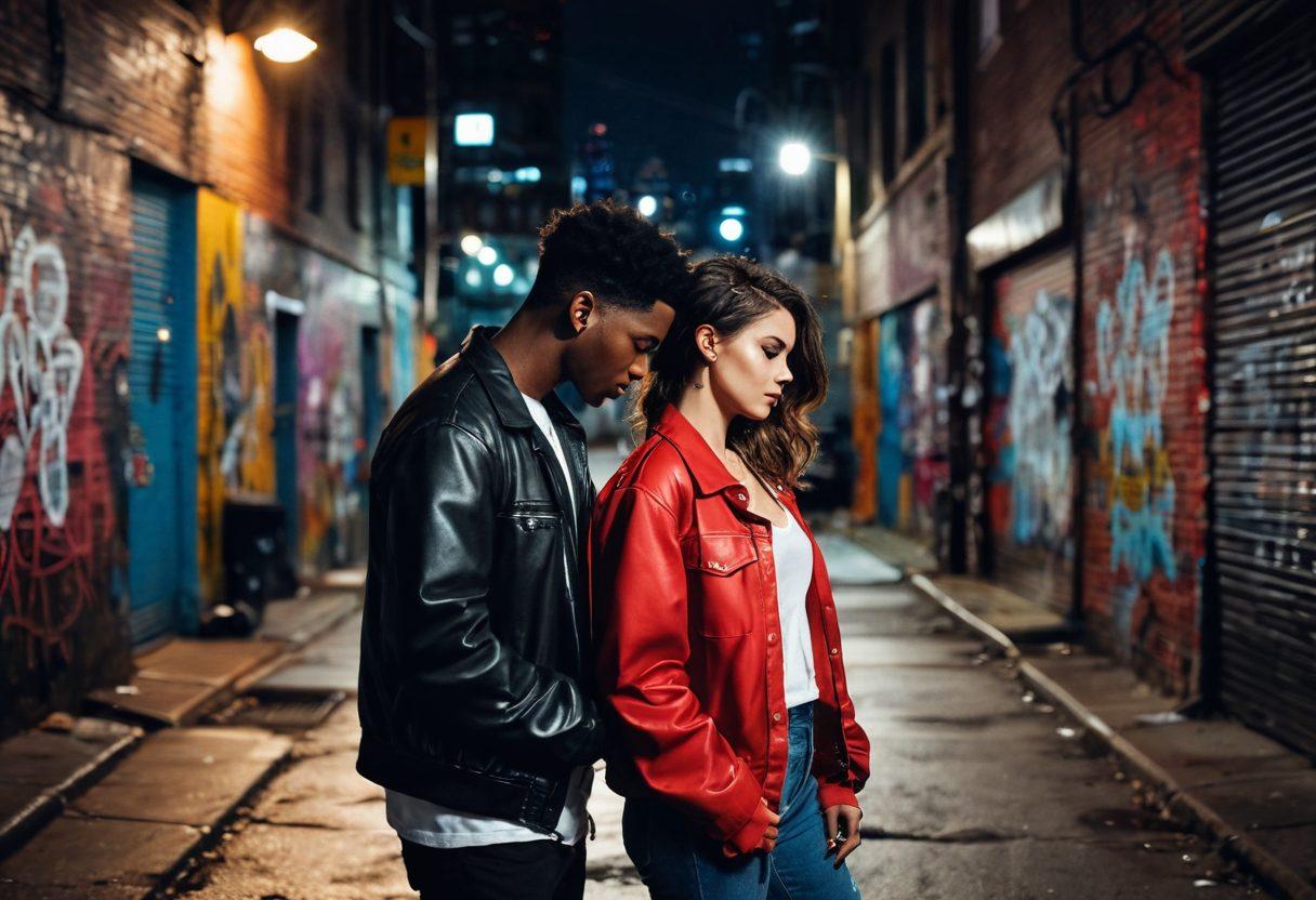 A dramatic urban scene depicting two lovers entwined in a passionate embrace against a backdrop of graffiti-tagged alleys and dimly lit streetlights. The couple, wearing stylish streetwear, exudes a sense of fierce rebellion and deep connection, with sparks of light symbolizing their love igniting in the gritty environment. Include elements like a classic car slowly passing to add to the gangster vibe. vibrant colors. urban art style. super-realistic.
