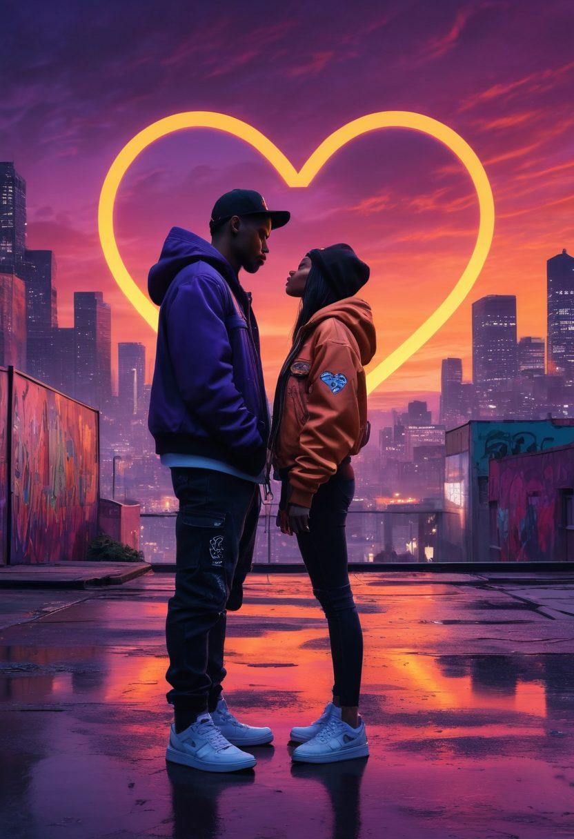 A dramatic city skyline at dusk, featuring a couple in streetwear embracing each other in the foreground, embodying love amidst urban chaos. Graffiti art and neon lights reflect the thug lifestyle surrounding them, while subtle hints of romance like a floating heart shape are artistically incorporated into the scene. The atmosphere conveys a blend of grit and affection, with a vibrant sunset sky casting moody purple and orange hues. cinematic style. vibrant colors. 3D.